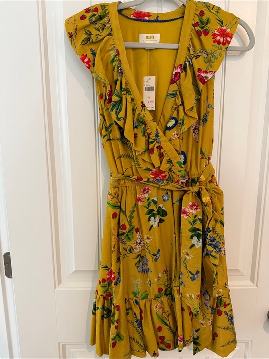 Maeve Dresses & Skirts - Maeve Mustard Floral Ruffle Wrap Dress